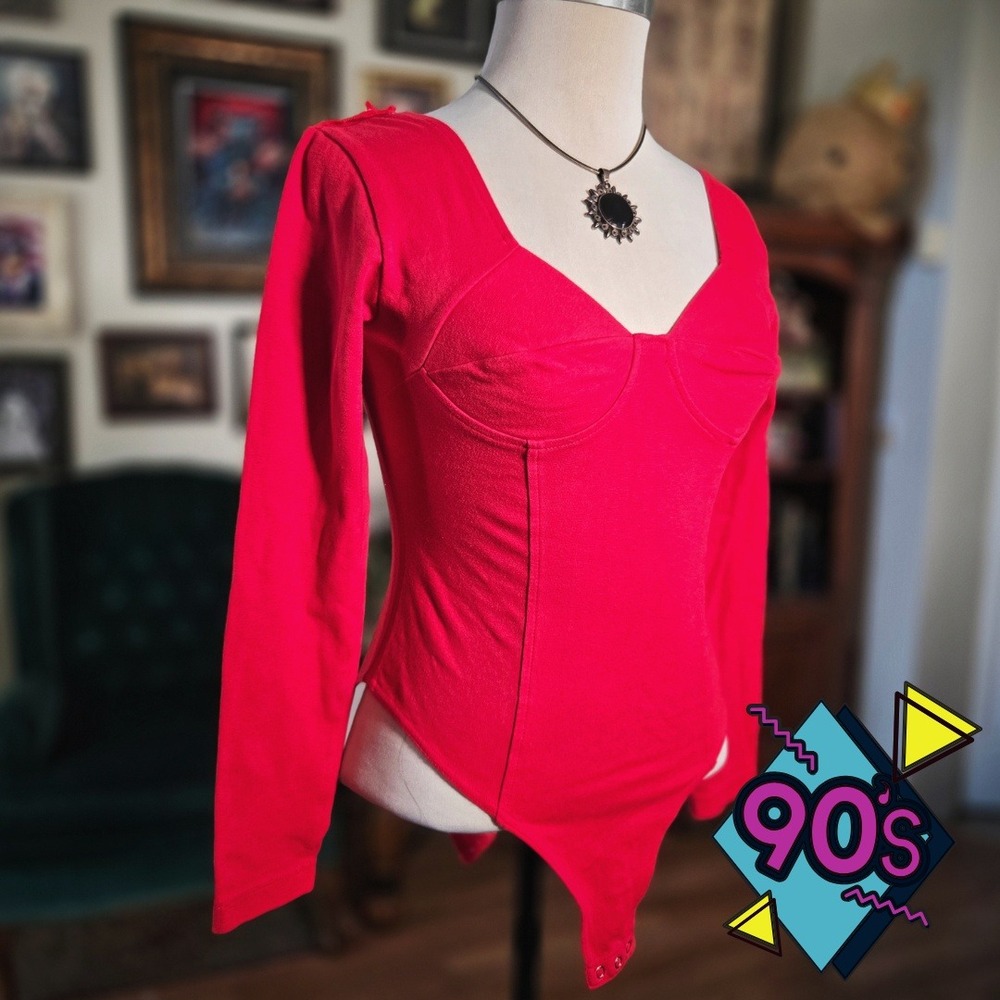 Yes Clothing Red Bodysuit Vintage 90s Long Sleeve Bustier Fitted Stretch